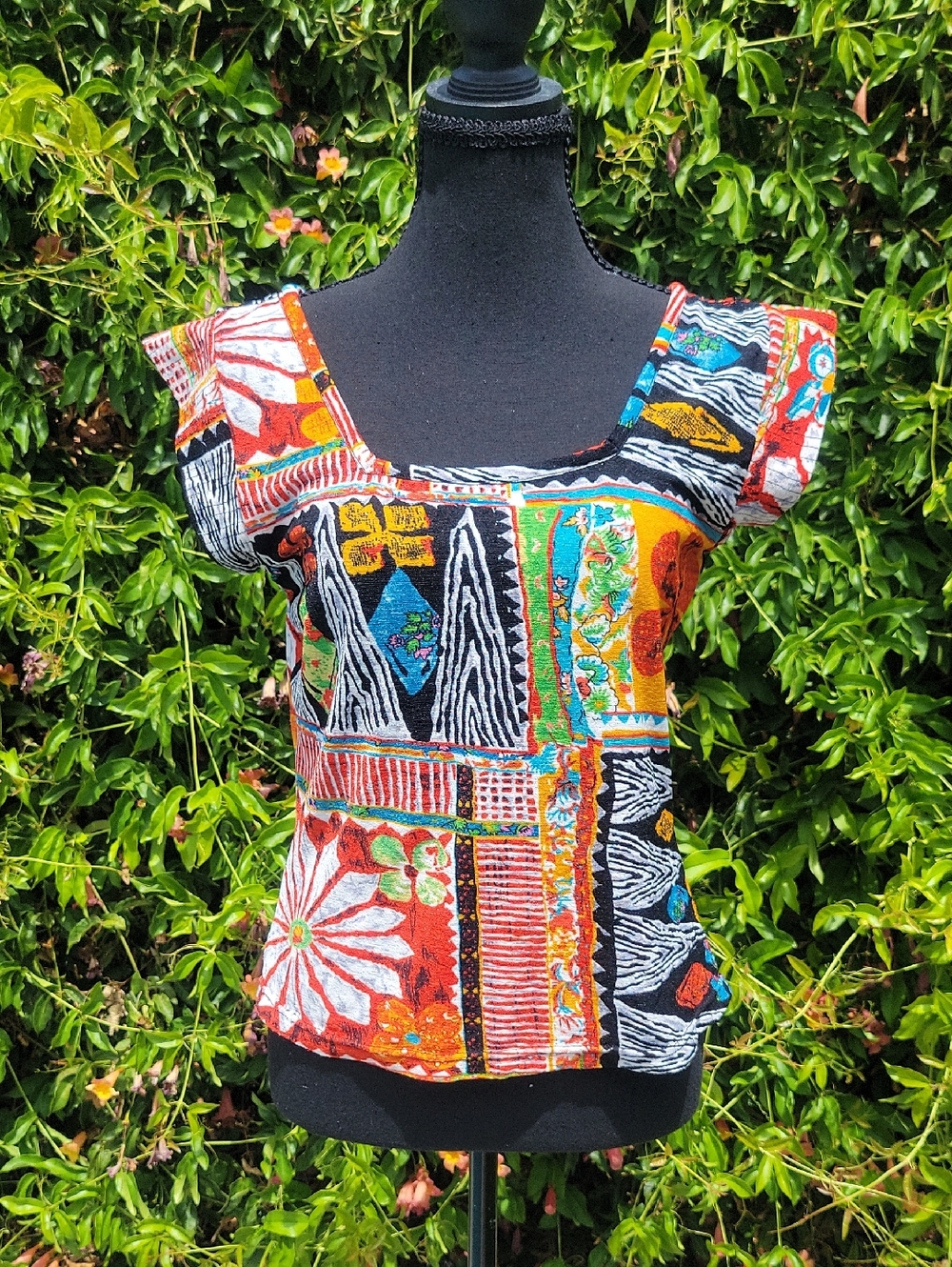 Colorful Patchwork Floral Women's Short Sleeve Top L